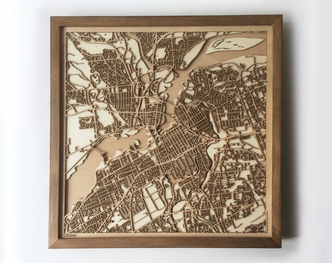 Ottawa Wooden Map – Laser Cut Wood Streets, Framed 3D Wall Art