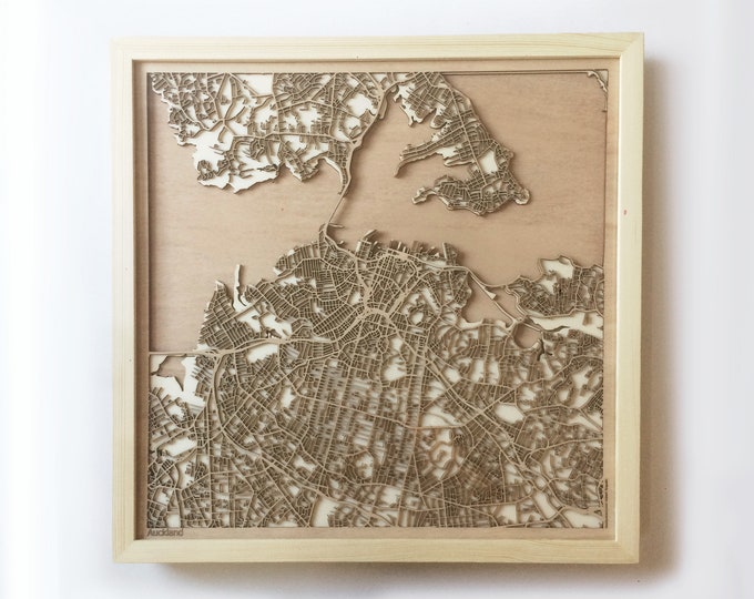 Auckland Wooden Map - Laser Cut Wood Streets Maps 3d Framed Minimal Minimalist Wall Art - Birthday Anniversary Christmas Wedding Gift
