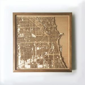 Carte en bois de Chicago - bois découpé au laser noyer rues cartes de la ville 3d encadré art mural minimaliste - cadeau de mariage d'anniversaire Noël