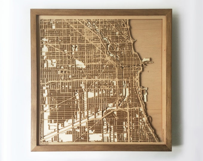 Chicago Wooden Map – Laser Cut City Streets, Framed 3D Wall Art