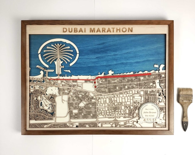 Dubai Marathon Runner's Map - 3D Laser Cut Wood Art
