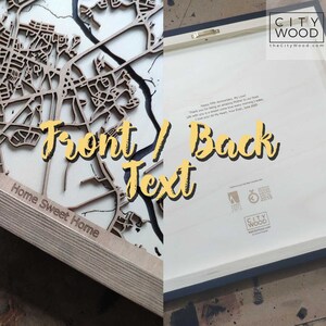 May include: A wooden map of a city with the text "Home Sweet Home" on the front. The back of the map has a personalized message and the City Wood logo.
