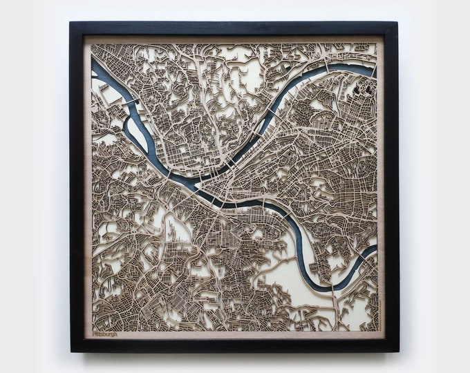 Pittsburgh Wood Map - 5th Anniversary Gift - Custom Wooden Map Laser Cut Framed Maps Wall Art - Wedding Engagement Gift for Couple