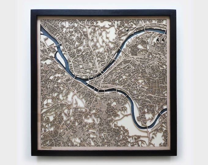 Pittsburgh Wood Map - 5th Anniversary Gift - Custom Wooden Map Laser Cut Framed Maps Wall Art - Wedding Engagement Gift for Couple