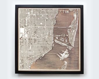 Laser Cut Miami Wood Map – Framed 3D Minimalist Wall Art
