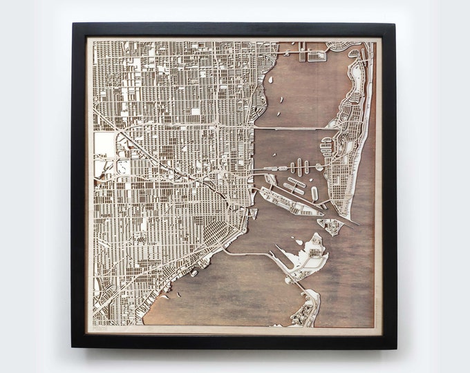 Miami Wooden Map - Pinewood Laser Cut Streets City Maps 3d Framed Minimal Minimalist Wall Art Wood - Birthday Christmas Wedding Gift