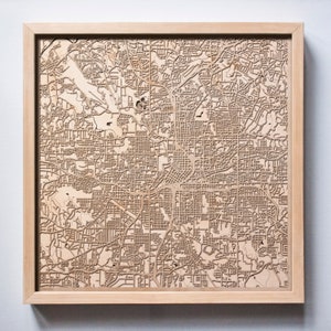 Houten kaart Atlanta - zwarte lasergesneden houten straten stadsplattegronden 3D-ingelijste minimale minimalistische muurkunst - verjaardag kerst huwelijkscadeau
