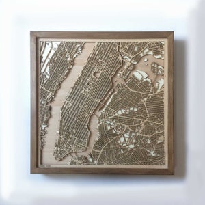 Mappa di New York in legno - Mappa della città in legno di noce con taglio laser, 3D, incorniciata, minimalista, da parete, regalo di compleanno, Natale e matrimonio.