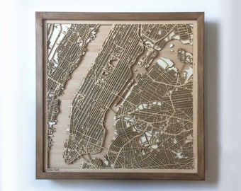 New York Wooden Map - Walnut Laser Cut Streets City Maps 3d Framed Minimal Minimalist Wall Art Wood - Birthday Christmas Wedding Gift