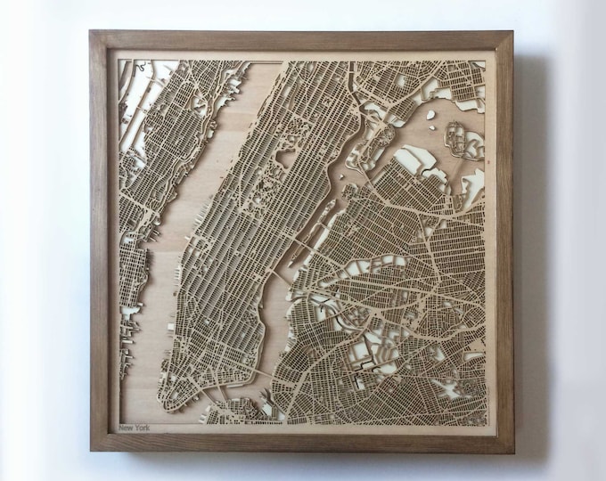 Laser Cut New York Wooden Map – Framed 3D Minimalist Wall Art