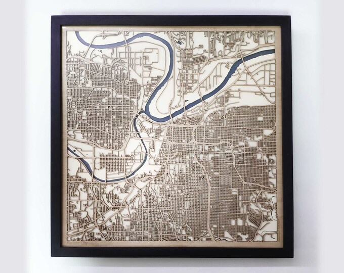 Kansas City Wood Map - 5th Anniversary Gift - Custom Wooden Map Laser Cut Framed Maps Wall Art - Wedding Engagement Gift for Couple