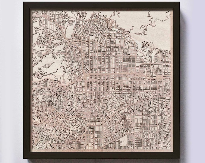 Pasadena Wood Map - 5th Anniversary Gift - Custom Wooden Map Laser Cut Framed Maps Wall Art - Wedding Engagement Gift for Couple