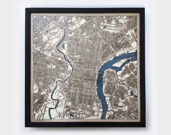 Philadelphia Wood Map - 5th Anniversary Gift - Custom Wooden Map Laser Cut Framed Maps Wall Art - Wedding Engagement Gift for Couple
