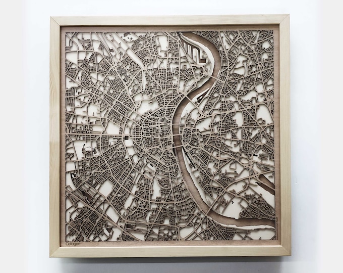 Cologne Wooden Map -Laser Cut Wood Streets City Maps 3d Framed Minimal Minimalist Wall Art - Birthday Anniversary Christmas Wedding Gift