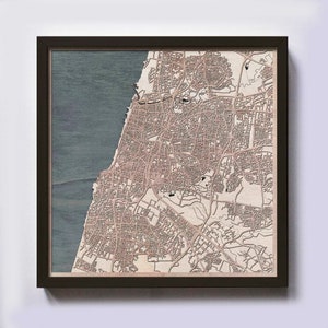Carte en bois de Tel-Aviv - cadeau 5e anniversaire - carte en bois personnalisée découpée au laser encadrée cartes art mural - cadeau de fiançailles de mariage pour couple