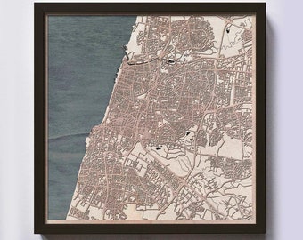 Tel Aviv Wood Map - 5th Anniversary Gift - Custom Wooden Map Laser Cut Framed Maps Wall Art - Wedding Engagement Gift for Couple