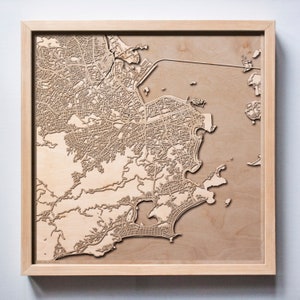 Carte en bois de Rio de Janeiro en bois découpé au laser rues, plans de la ville 3d encadré minimal minimaliste art mural-anniversaire cadeau de mariage de Noël