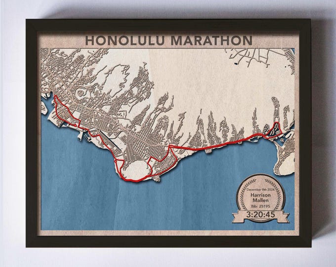 Honolulu Marathon Wood Map - 3D Laser Cut Wooden Map