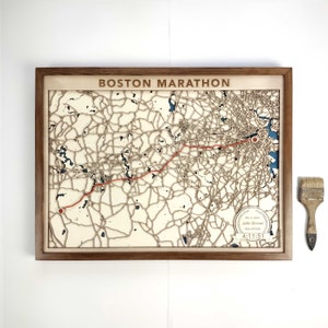 Kaart marathonloper Boston - 3D-lasergesneden houtkunst