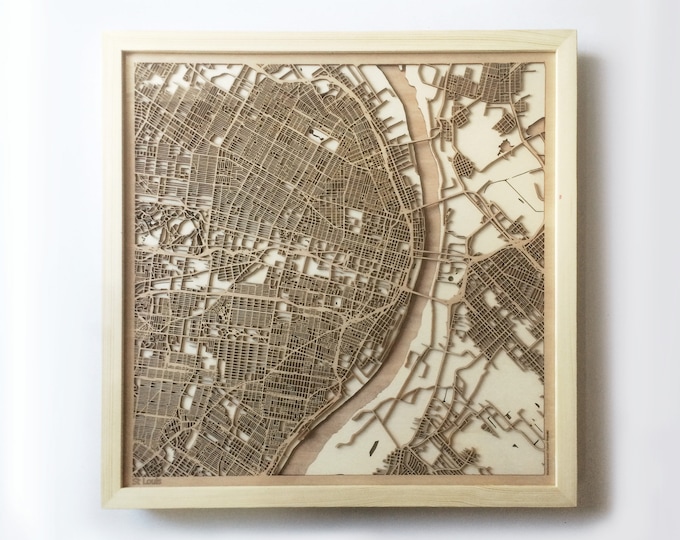 St. Louis Wooden Map - Laser Cut Wood Streets Maps 3d Framed Minimal Minimalist Wall Art - Birthday Anniversary Christmas Wedding Gift