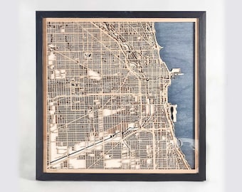 Chicago Wood Map - 5th Anniversary Gift - Custom Wooden Map Laser Cut Framed Maps Wall Art - Wedding Engagement Gift for Couple