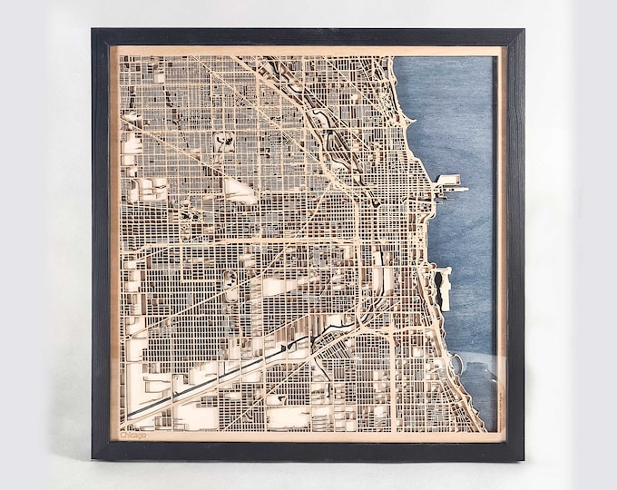 Chicago Wood Map - 5th Anniversary Gift - Custom Wooden Map Laser Cut Framed Maps Wall Art - Wedding Engagement Gift for Couple