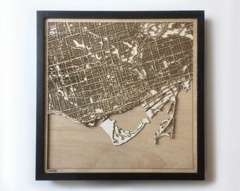 Laser Cut Wood Map - Toronto Streets, Framed Minimalist Wall Art