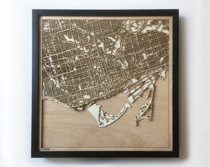 Laser Cut Wood Map - Toronto Streets, Framed Minimalist Wall Art