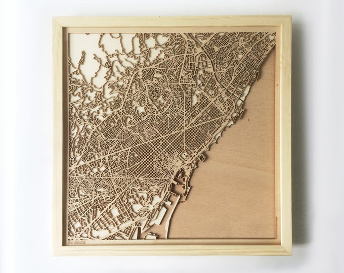 Barcelona Wooden Map - Pinewood Laser Cut Streets City Maps 3d Framed Minimal Minimalist Wall Art Wood - Birthday Christmas Wedding Gift