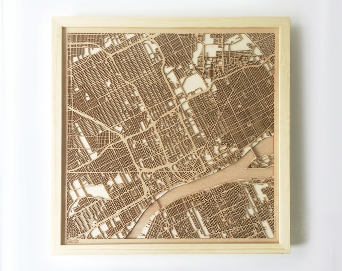 Detroit Wooden Map -Laser Cut Wood Streets City Maps 3d Framed Minimal Minimalist Wall Art - Birthday Anniversary Christmas Wedding Gift