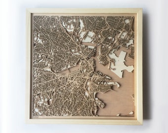 Boston Wooden Map - Pinewood Laser Cut Wood Streets City Maps 3d Framed Minimal Minimalist Wall Art -Birthday Christmas Wedding Gift