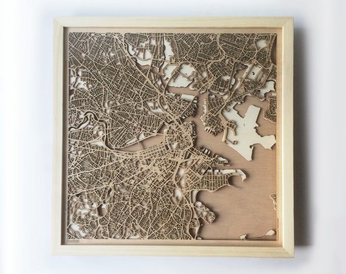 Boston Wooden Map - Pinewood Laser Cut Wood Streets City Maps 3d Framed Minimal Minimalist Wall Art -Birthday Christmas Wedding Gift