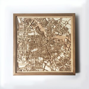 Houten kaart van Amsterdam - walnoot lasergesneden houten straten stadsplattegronden 3D ingelijste minimale minimalistische muurkunst - verjaardag kerst huwelijkscadeau