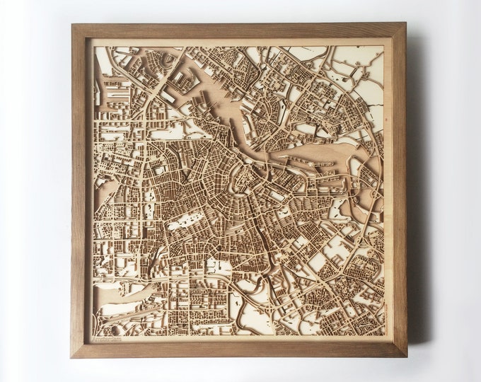 Amsterdam Wooden Map - Walnut Laser Cut Wood Streets City Maps 3d Framed Minimal Minimalist Wall Art - Birthday Christmas Wedding Gift