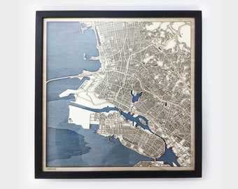 Oakland Wood Map - 5th Anniversary Gift - Custom Wooden Map Laser Cut Framed Maps Wall Art - Wedding Engagement Gift for Couple