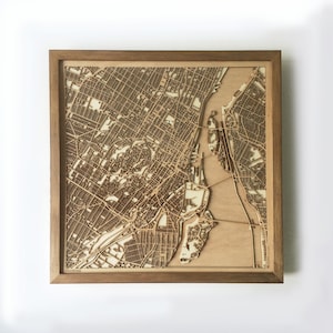 Carte en bois de Montréal - Noyer découpé au laser rues cartes de la ville encadré art mural minimaliste 3D en bois - cadeau de mariage d'anniversaire Noël