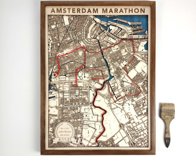 Amsterdam Marathon Runner's Map - 3D Laser Cut Wood Art