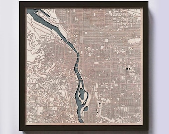 ポートランドの木製地図 - レーザーカットの街路、額入りウォールアート