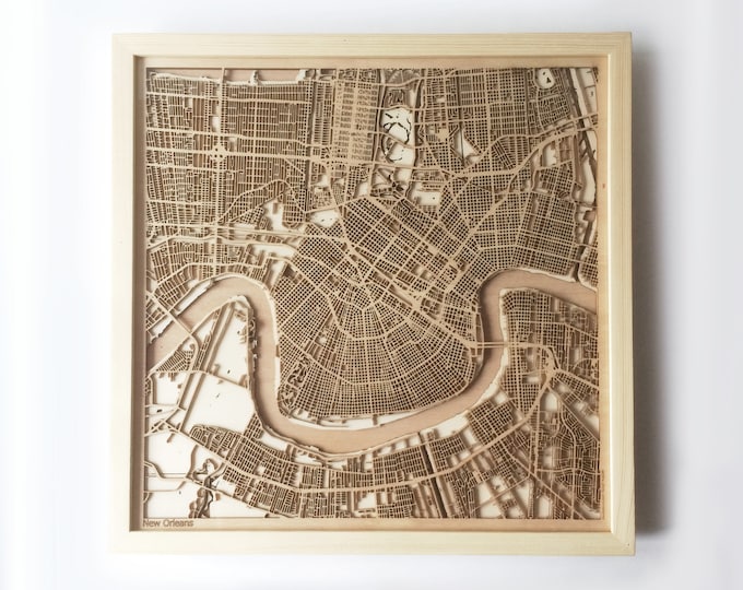 New Orleans Wooden Map - Pinewood Laser Cut Wood Streets City Maps 3d Framed Minimal Minimalist Wall Art -Birthday Christmas Wedding Gift