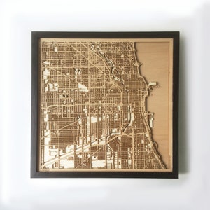 Mapa de madera de Chicago - Mapas de calles de la ciudad cortados con láser negro, arte de pared minimalista enmarcado en 3D - Regalo de cumpleaños, Navidad y bodas
