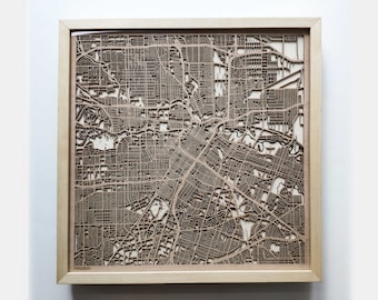 Houston Wooden Map -Laser Cut Wood Streets City Maps 3d Framed Minimal Minimalist Wall Art - Birthday Anniversary Christmas Wedding Gift