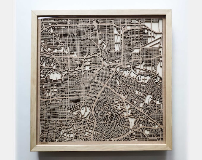 Houston Wooden Map -Laser Cut Wood Streets City Maps 3d Framed Minimal Minimalist Wall Art - Birthday Anniversary Christmas Wedding Gift