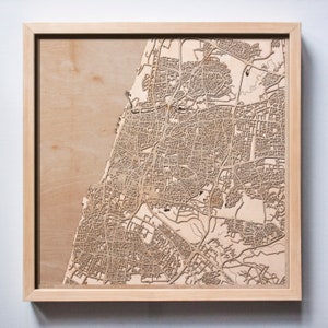Carte en bois de Tel-Aviv - Cartes de la ville en bois découpé au laser, 3D, encadré, Art mural minimaliste - Cadeau de mariage de Noël