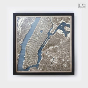 Houten kaart New York - cadeau 5e verjaardag - aangepaste houten kaart lasergesneden ingelijste kaarten muurkunst - verlovingscadeau bruiloft voor stel