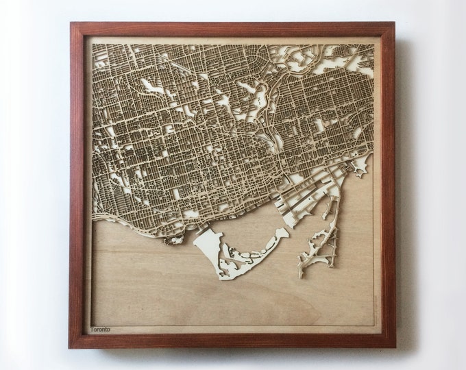Toronto Wooden Map – Laser Cut Mahogany Streets, Framed 3D Wall Art