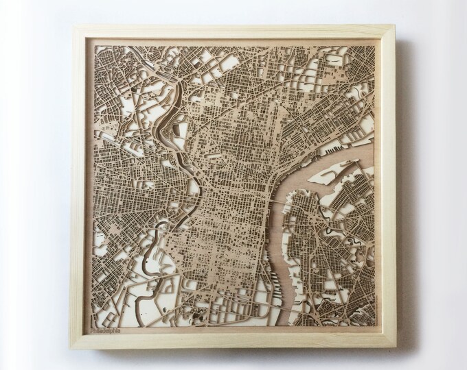 Philadelphia Wooden Map - Pinewood Laser Cut Streets City Maps 3d Framed Minimal Minimalist Wall Art Wood - Birthday Christmas Wedding Gift