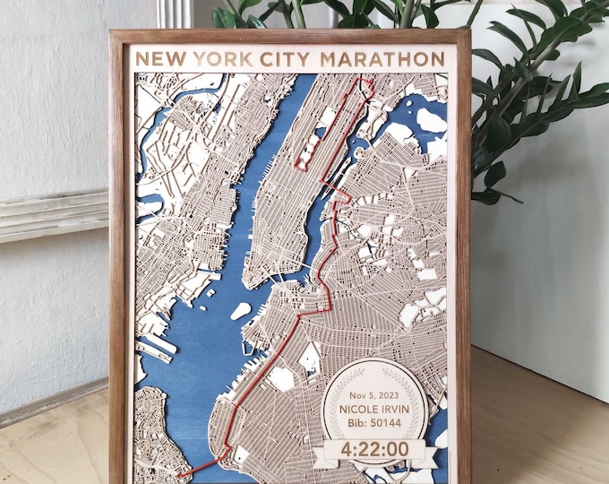 NYC Marathon Runner's Map - 3D Laser Cut Wood Art