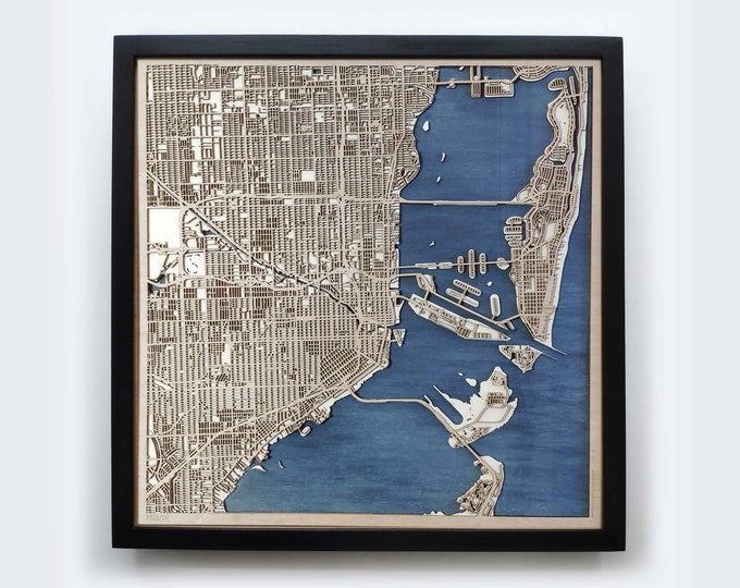 Miami Wood Map - 5th Anniversary Gift - Custom Wooden Map Laser Cut Framed Maps Wall Art - Wedding Engagement Gift for Couple