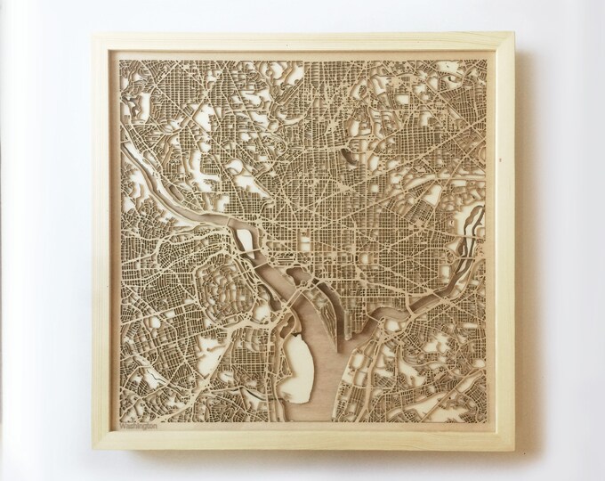 Washington Wooden Map - Pinewood Laser Cut Streets City Maps 3d Framed Minimal Minimalist Wall Art Wood - Birthday Christmas Wedding Gift