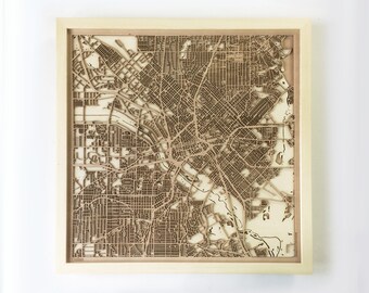 Dallas Wooden Map - Pinewood Laser Cut Streets City Maps 3d Framed Minimal Minimalist Wall Art Wood - Birthday Christmas Wedding Gift